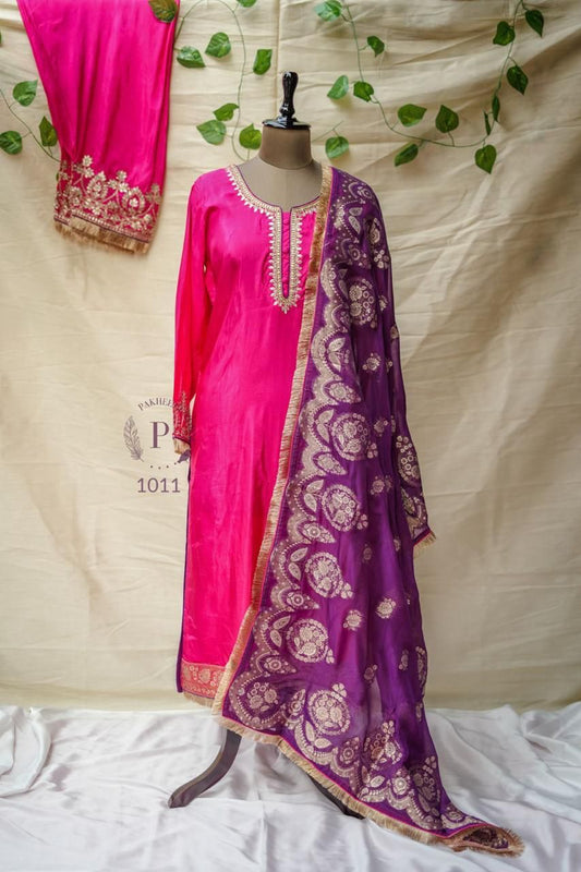 Pink & Purple Pure Silk Suit