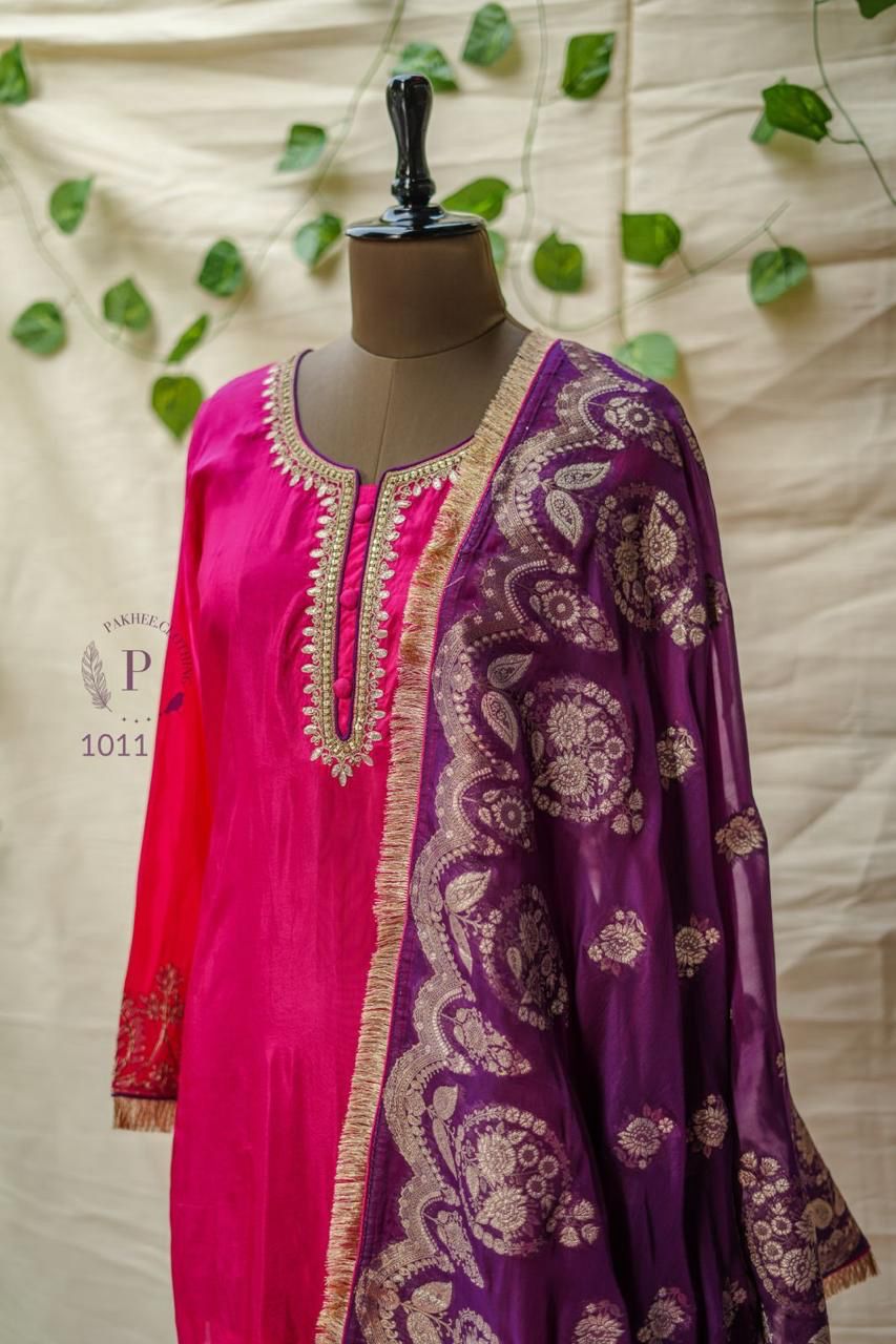 Pink & Purple Pure Silk Suit